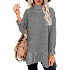 Women's Turtleneck Sweater – Oversized Pullover with Side Split